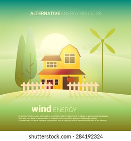 Wind alternative energy. Flat vector illustration. Idea of eco-friendly source of energy. Renewable energy concept