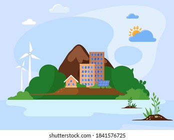 Wind alternative energy generator green vector background and solar panels in nature landscape. Eco friendly modern industrial energy alternative. Preservation of the environment and ecosystem