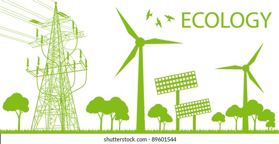 Wind alternative energy generator green vector background and high voltage line