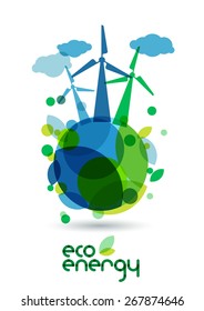 Wind alternative energy generator on the green Earth. Abstract vector illustration. Ecology background, concept for save earth day. 