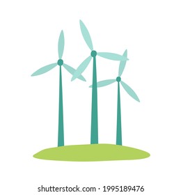 Wind alternative energy generator. Wind turbines. Environmental protection, ecology, Saving the planet concept. Hand drawn Vector illustration in flat style isolated on white background.