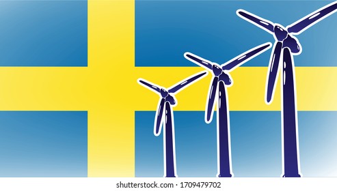 Wind alternative energy in Sweden vector illustration wind generator on flag background colored blue, yellow