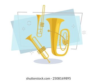 Wind band instruments vector illustration collection. Trombone, trumpet and tuba. Music, musical instruments and orchestra concept