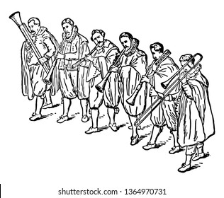 Wind Band are playing instruments from the late 16th or early 17th century, vintage line drawing or engraving illustration.