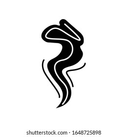 Wind black glyph icon. Cold fresh air swirl. Good smell, perfume scent. Aromatic fragrance flow. Smoke puff. Blowing wind spirals. Silhouette symbol on white space. Vector isolated illustration