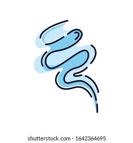 Wind blow blue RGB color icon. Cold fresh air swirl. Good smell, evaporation. Aromatic fragrance, vapour. Smoke puff, steam, breeze. Blowing wind spirals. Isolated vector illustration