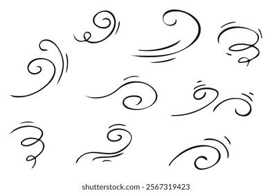 Wind Blow Doodle Icon set, line hand drawn air gust symbol vector design. Great for mobile app, web design, game, etc