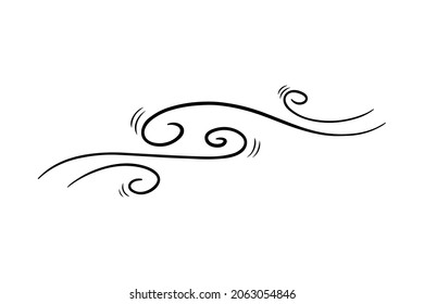 Wind blow in doodle style, vector illustration. Wave cold air during windy weather. Gust symbol outline for print and design .Isolated black line element on a white background