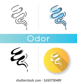 Wind blow icon. Cold fresh air swirl. Good smell, evaporation. Aromatic fragrance. Smoke puff, steam, breeze. Blowing wind spirals. Linear black and RGB color styles. Isolated vector illustrations