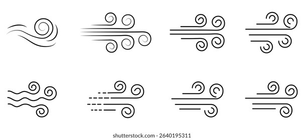 Wind blow icon set. Contains sign of storm, tornado, and breeze. Wind air movement for weather and forecast symbol. Wind icon set in thin line style. Vector illustration. 