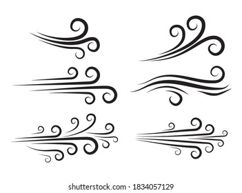 Wind blow icon set. Windy weather swirl vector shape. Silhouette of speed blowing air isolated on white. Breeze wave abstract curve symbols collection. Decorate forecast meteorology icons. 