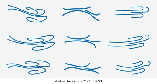 Wind blow line icon. Air flow flat sign. Symbol of windy weather. Climate web design element. Curl line icon. Vector illustration isolated background. Editable stroke. Wind vector icon set.