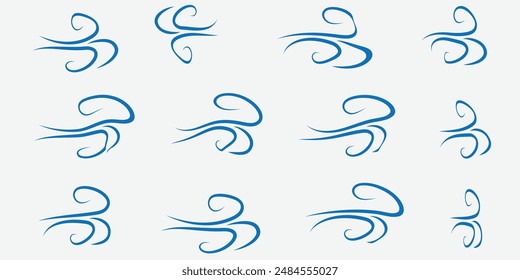 Wind blow line icon. Air flow flat sign. Symbol of windy weather. Climate web design element. Curl line icon. Vector illustration isolated background. Editable stroke. Wind vector icon set.