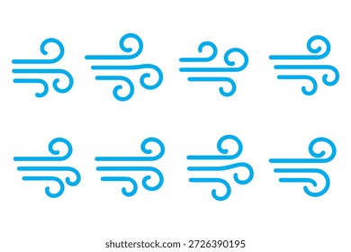 Wind blow line icon. Hand drawn air wave icon. Outline wind movement symbol isolated on white background. Windy icon. Hand drawn doodle wind air blow, swirl elements