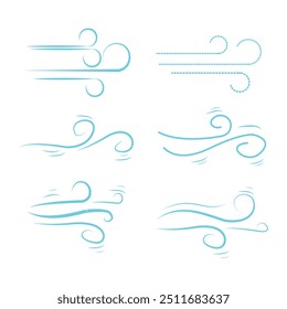 Conjunto de ícones de sopros de vento. Sinal de plano de fluxo de ar. Símbolo do tempo ventoso. Elemento de design da web climática. Design de ícone de linha de curva eps10