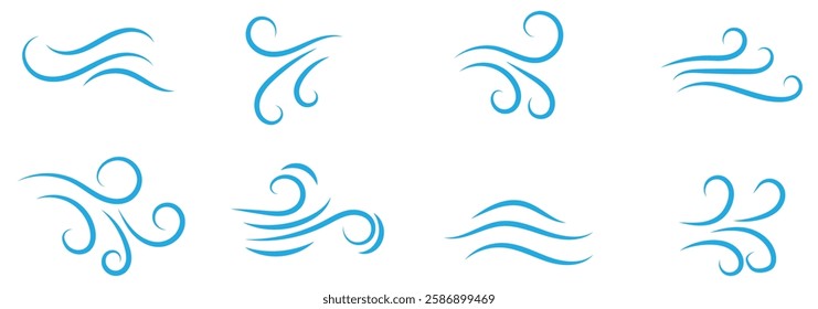 Wind blow line icon set. Air flow flat sign symbol of windy weather. Climate web design element. vector  editable stroke eps 888.