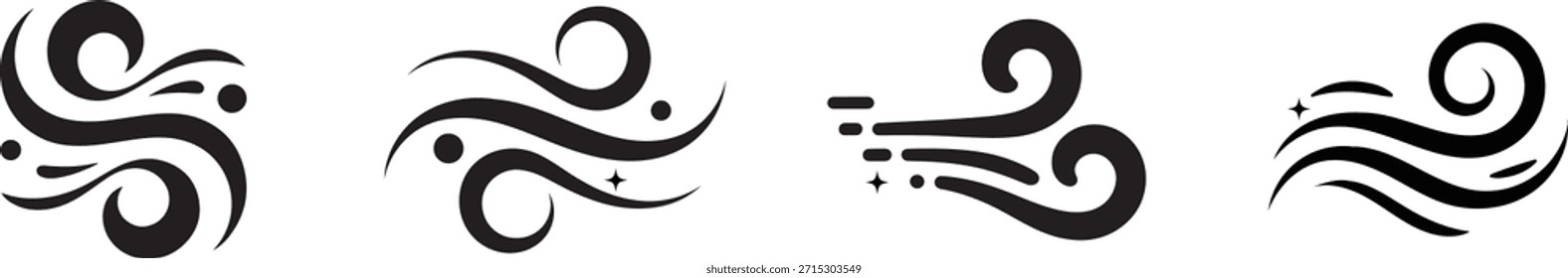 Wind blow line icon. Set of Stylized Wind and Air Flow Icon. fresh Silhouette icon vector. Vector Illustration
