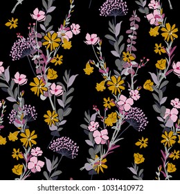 A wind blow and meadow florals seamless pattern vector on dark background with colorful flowers. A wind blow and meadow florals seamless pattern vector on dark background with colorful flowers.