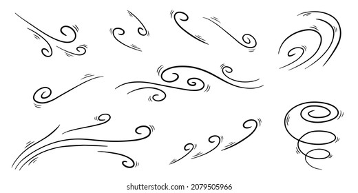 Wind blow set in doodle style, vector illustration. Wave cold air during windy weather. Gust symbol outline for print and design. Isolated black line element on a white background