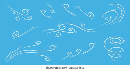 Wind blow set in doodle style, vector illustration. Wave cold air during windy weather. Gust symbol outline for print and design. Isolated black line element on a blue background