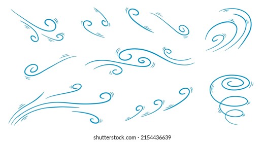 Wind blow set in doodle style, vector illustration. Wave cold air during windy weather. Gust symbol outline for print and design. Isolated black line element on a white background