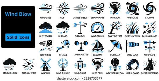 Wind blow solid icon set on white background 