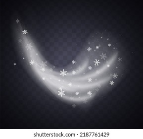 Wind blow, swirls of air with snow and whiffs of cold with snowflakes. Christmas effect of cold blizzard. Winter weather icons. White smoke and flying snowflakes, freezing breath curve trails. Vector