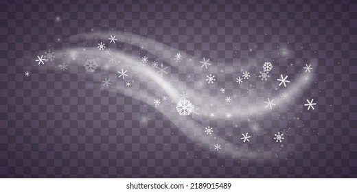 Wind blow, swirls of air with snow and whiffs of cold with snowflakes. Christmas effect of cold blizzard. Winter weather icons. White smoke and flying snowflakes, freezing breath curve trails. Vector