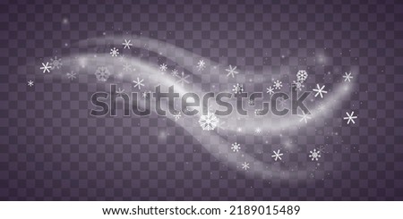 Wind blow, swirls of air with snow and whiffs of cold with snowflakes. Christmas effect of cold blizzard. Winter weather icons. White smoke and flying snowflakes, freezing breath curve trails. Vector