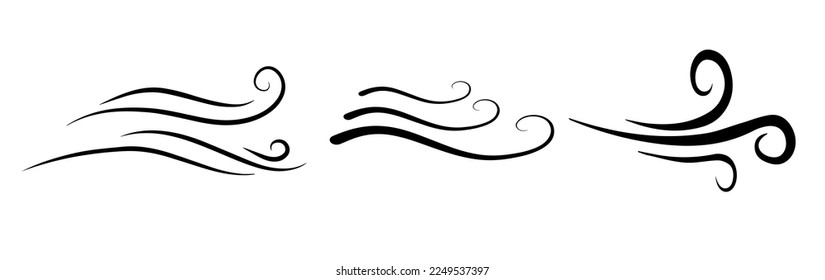 Símbolo de golpe de viento, íconos de la línea de la bomba de aire aislados en fondo blanco, ilustración plana de contorno del tiempo tormentoso de viento, gráficos de doodle de viento