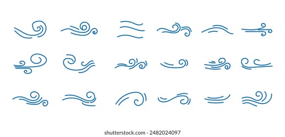 Iconos vectoriales de soplo de viento, Elementos de diseño de brisa sobre fondo blanco. Ilustración plana en Clima ventoso, hoyos de humo rodando.