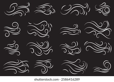 Wind blow vector icons, breeze design elements on white background. Flat illustration on windy weather, rolling puffs of smoke. EPS 10.