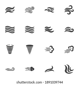 Wind blow vector icons set, modern solid symbol collection, filled style pictogram pack. Signs, logo illustration. Set includes icons as hurricane weather, tornado swirl, fresh air waves, land breeze