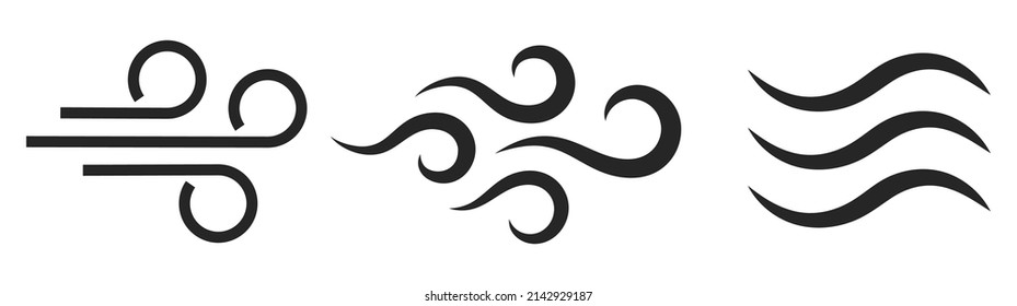 Wind blow vector symbol, air puff line icons on white background, outline flat illustration of windy stormy weather, wind doodle graphics