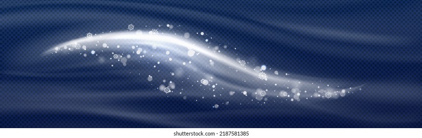 Wind blowing effect, mist, smoke or blizzard trails and snowflakes wave isolated on transparent background. White smoky flow streams, haze, spray whirls, freezing fog, Realistic 3d vector illustration