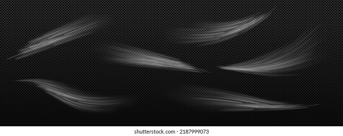 Wind blowing effect, mist, smoke or blizzard scratch trails isolated on black background. White smoky flow streams, haze or spray whirls, freezing vapour, fog or jets, Realistic 3d vector graphics set