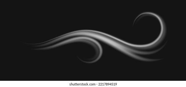 Wind blowing and gusting, howling air current moving smoke, vapor or fumes, fog. Isolated gale with swirls, weather conditions. Vector in realistic style