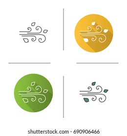 Wind blowing icon. Flat design, linear and color styles. Windy weather. Isolated vector illustrations