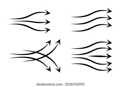 Ilustração de vento soprando com padrão de seta. Ícone de doodle de fluxo de ar. Movimento da brisa do desenho da mão. Ícone de fluxo de água e onda oceânica.