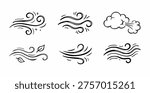 Wind blowing illustration set vector. Airflow doodle icon. Hand drawing breeze motion.	