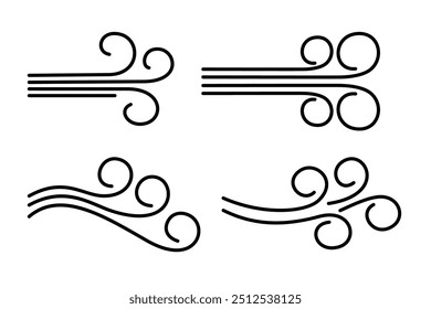 Wind blowing illustration set vector. Airflow doodle icon. Hand drawing breeze motion.