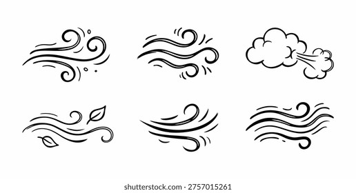 Wind blowing illustration set vector. Airflow doodle icon. Hand drawing breeze motion.	