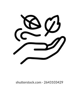 Wind blowing leaves into open palm. Icon symbol illustration