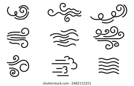 Wind blowing line icon. Windy, storm, breeze weather symbol. Swirl cloud for motion design. vector editable stroke.