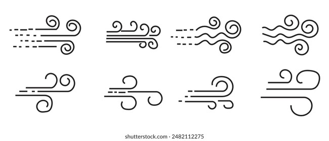 Icono de línea soplando viento. Viento, tormenta, brisa símbolo de Clima. Nube de remolinos para el diseño de movimiento. Vector de trazo editable.