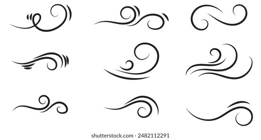 Icono de línea soplando viento. Viento, tormenta, brisa símbolo de Clima. Nube de remolinos para el diseño de movimiento. Vector de trazo editable.