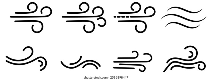 Wind blowing line icon. Windy, storm, breeze weather symbol. Swirl cloud for motion design. Hand drawn doodle wind motion, air blow, swirl elements. vector illustration eps 888.