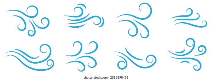 Wind blowing line icon. Windy, storm, breeze weather symbol. Swirl cloud for motion design. Hand drawn doodle wind motion, air blow, swirl elements. vector illustration eps 888.