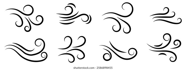 Wind blowing line icon. Windy, storm, breeze weather symbol. Swirl cloud for motion design. Hand drawn doodle wind motion, air blow, swirl elements. vector illustration eps 888.