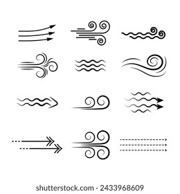 Wind blowing linear icons set, black silhouette icons smell swirling air or fog. Vector elements isolate.